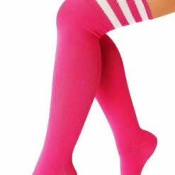 Gloednieuw 👏 KIMU Lange Sokken Neon Roze Witte Strepen - 36-41 - Fluor UV Kniekousen Kousen Sportsokken Cheerleader Voetbal Hockey ⭐