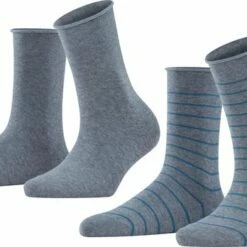 Nieuw π― FALKE Happy Stripe 2-Pack Zacht Met Motief Versterkt Hoogwaardig Mid-rise Robuust Ademend Dekkend Set Kort Gestreept Katoen Multipack Grijs Dames Sokken - Maat 35-38 π―