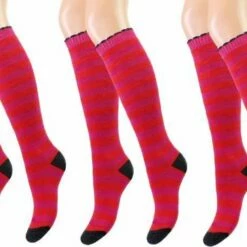 Begroting π Merkloos 3 Paar Dames Kniekousen - Badstof - Gestreept - Fuchsia-Rood - Maat 35-38 π